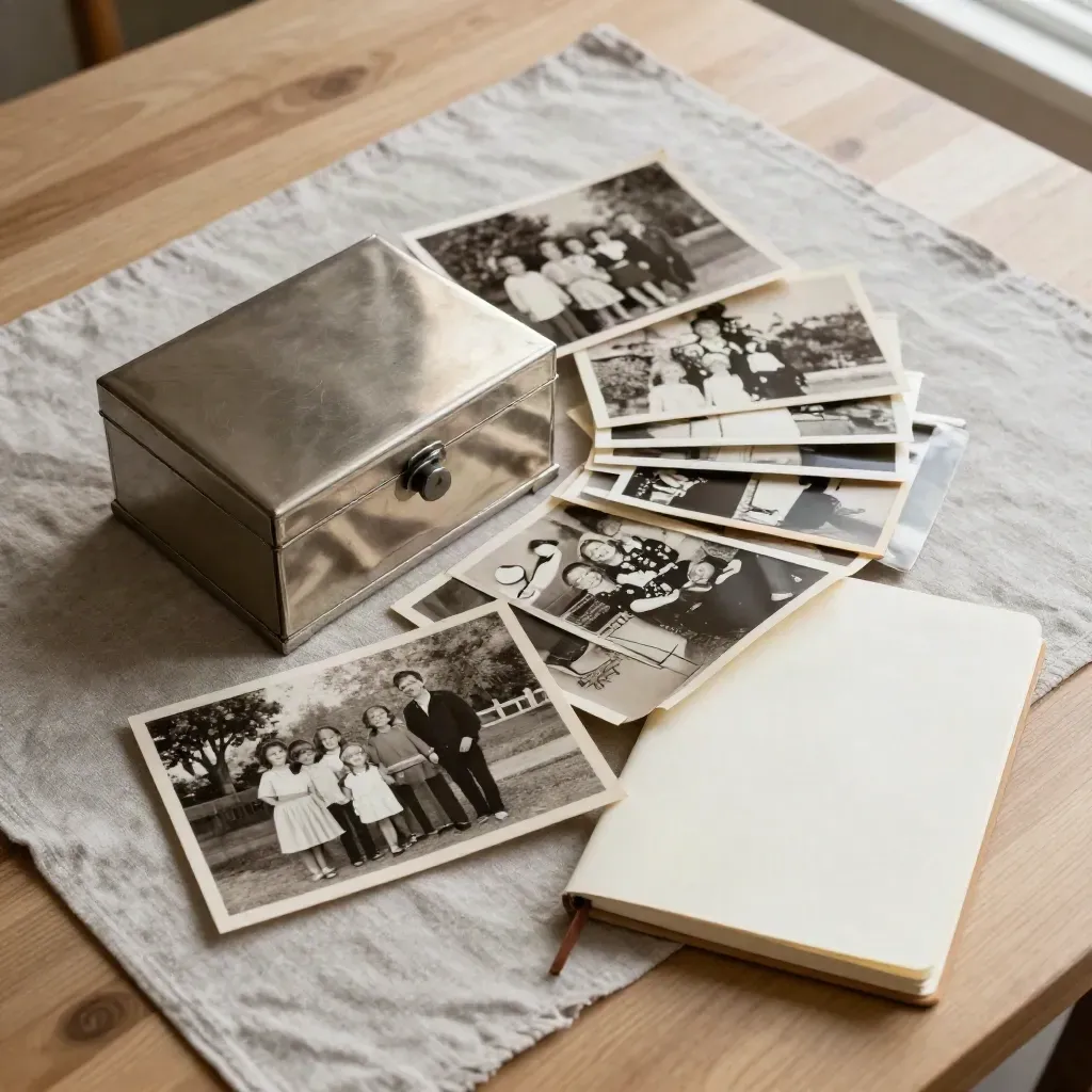 Overhead family-history flat lay with prints, keepsake box and blank notebook in soft evening light