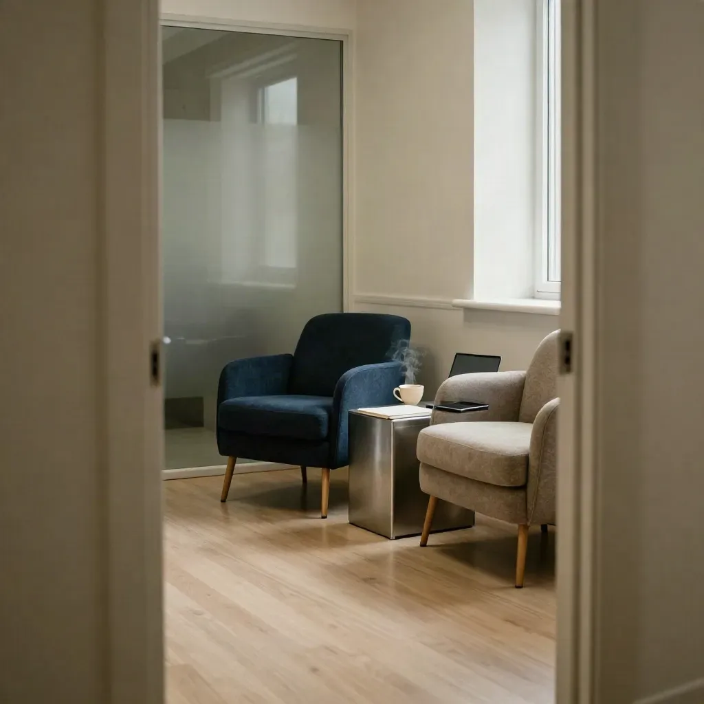 Quiet screening consult room with chairs, laptop, tea cup and folder in mid-morning light.