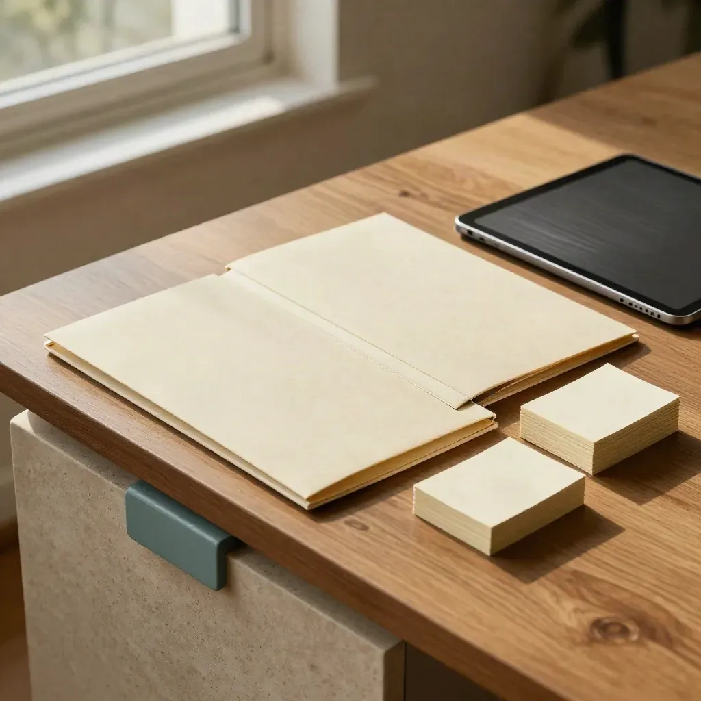 Side-lit desk with two folders, a face-down tablet and note cards on a warm oak surface.