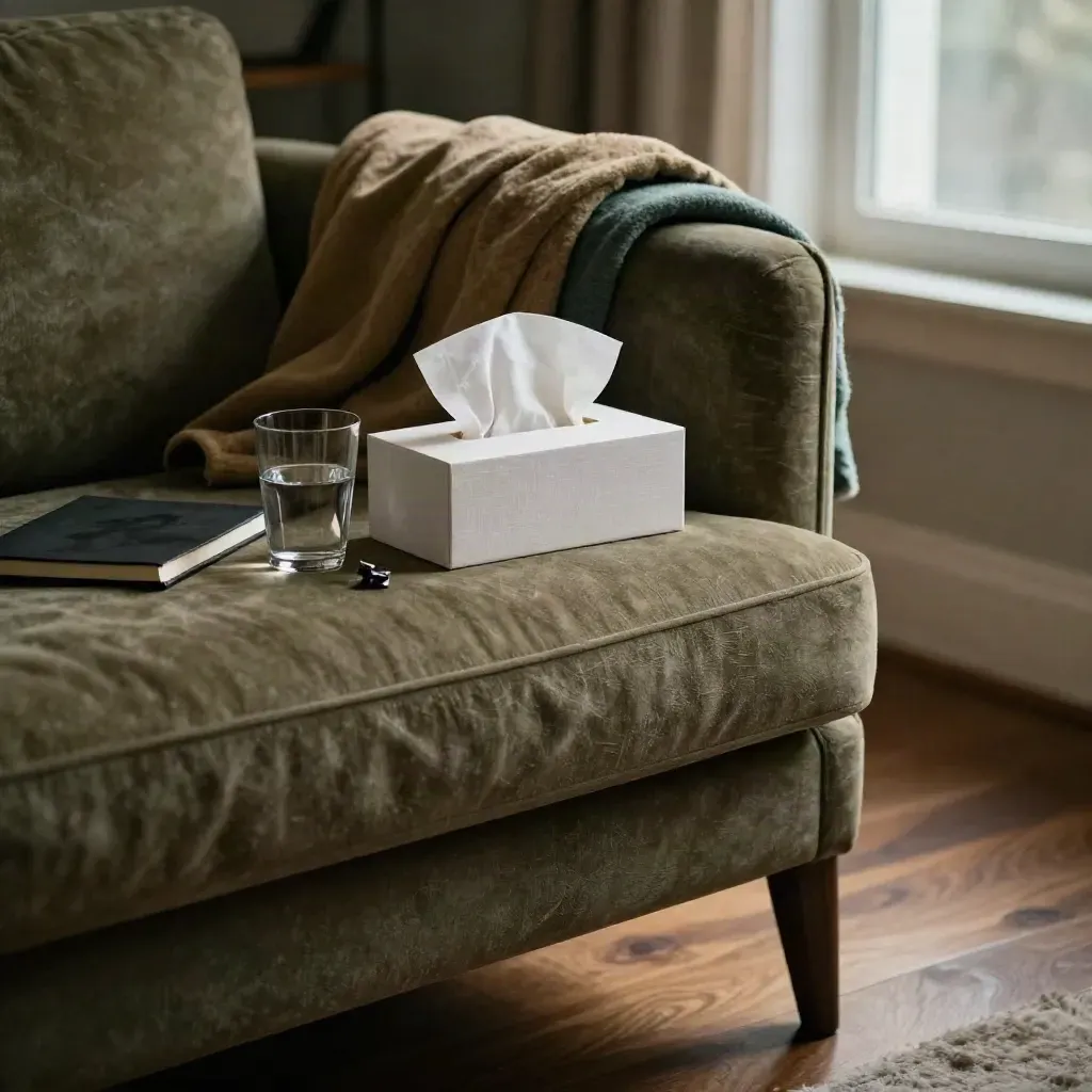 Late-night symptom review corner with tissues, water, notebook and a folded blanket on an armchair.