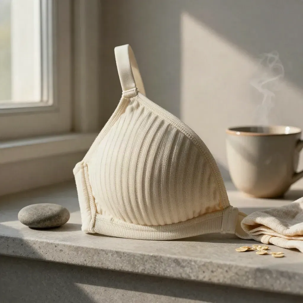 Extreme side macro of a knit bra cup beside a stone and tea mug on a bedside shelf.