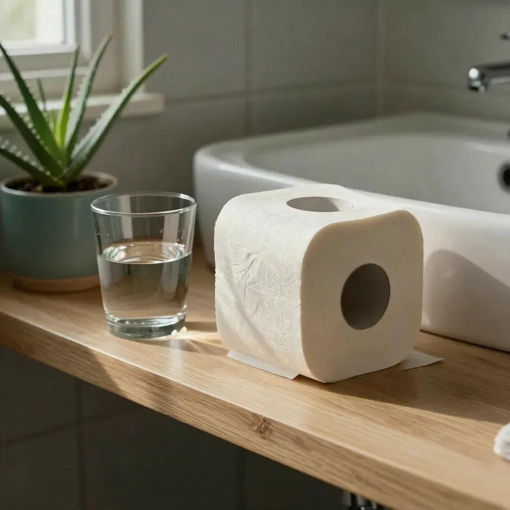 Bathroom shelf close-up with toilet roll, water glass and small plant by a cool sink corner.