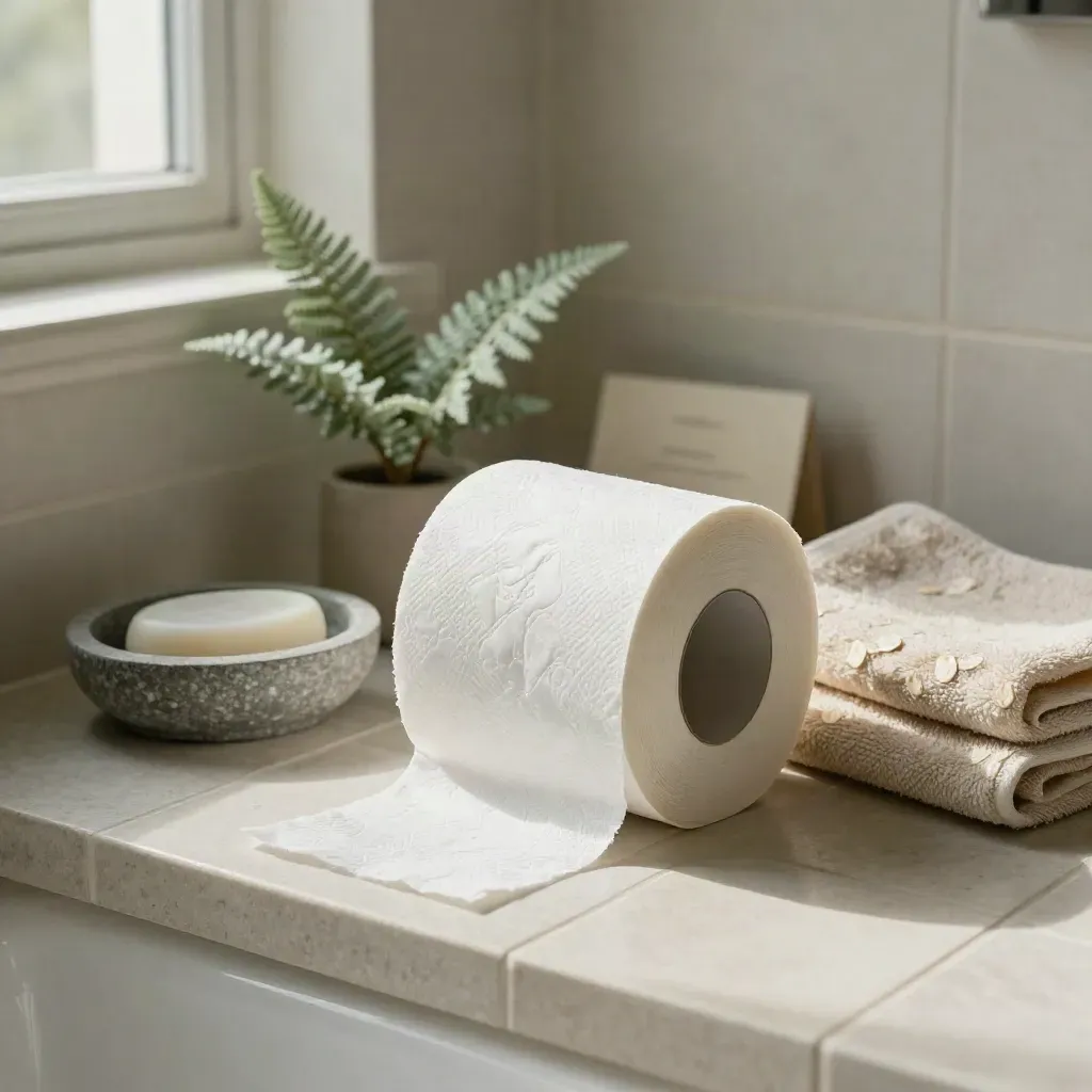 Toilet paper roll, soap dish, towel and fern on a tile tray in a calm bathroom still life