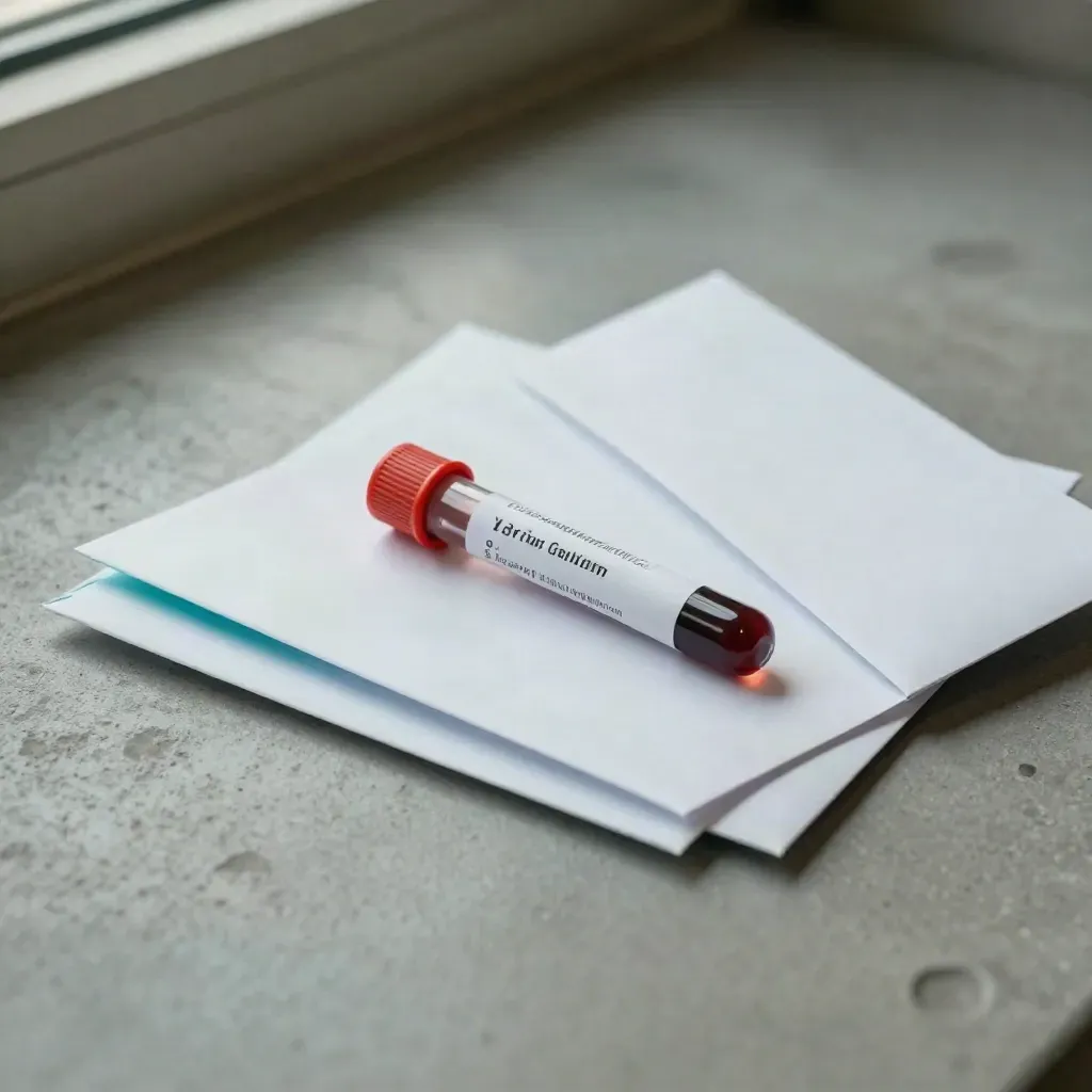 Blood tube, scan-disc sleeve and referral envelope on concrete with a subtle teal reflection.